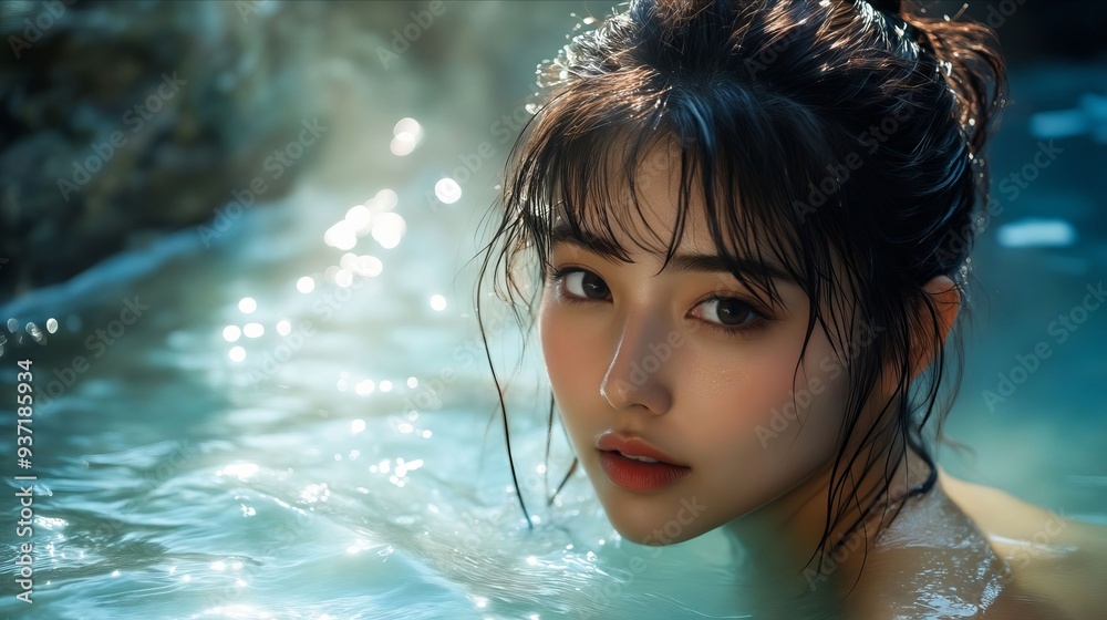 A woman in a pool of water with water droplets on her face A woman in a pool of water with water droplets on her face