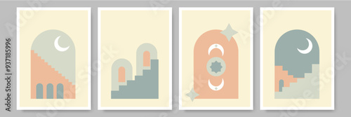 abstract botanical posters vector illustration. stylized arches and stairs in soft pastel colors