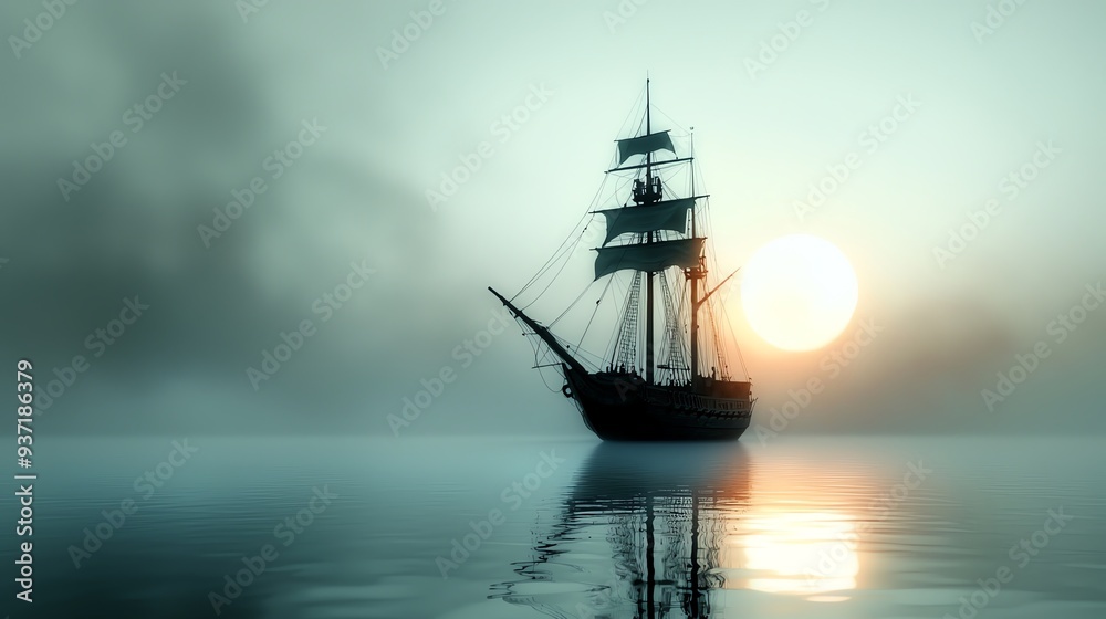 Obraz premium 1 Pirate ship, haunted by ghostly crew, full moon above, eerie mist, Watercolor style
