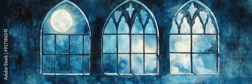 Mystical Moonlight Through Gothic Windows - A trio of gothic windows frame a breathtaking view of the night sky, with a full moon shining brightly and clouds passing by. The image evokes a sense of my photo