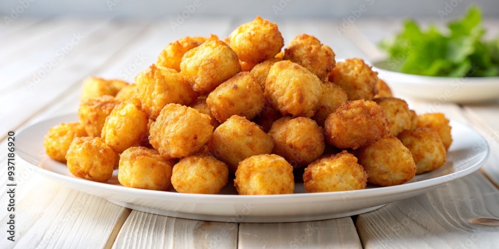 Crispy Golden Potato Bites on a White Plate, Close-Up , potato bites , food , appetizer , snack Crispy Golden Potato Bites on a White Plate, Close-Up , potato bites , food , appetizer , snack
