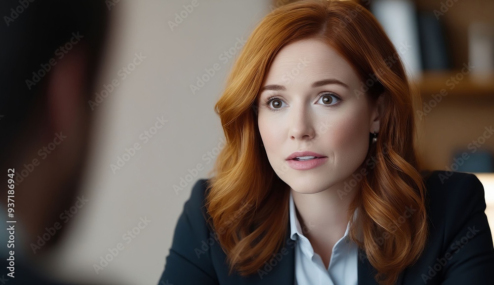 A woman with red hair sitting at a table in front of a man A woman with red hair sitting at a table in front of a man