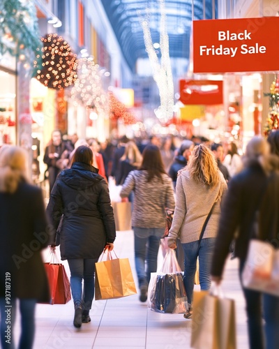 Crowd of Shoppers During Black Friday Sale in Shopping Mall with Holiday Decor