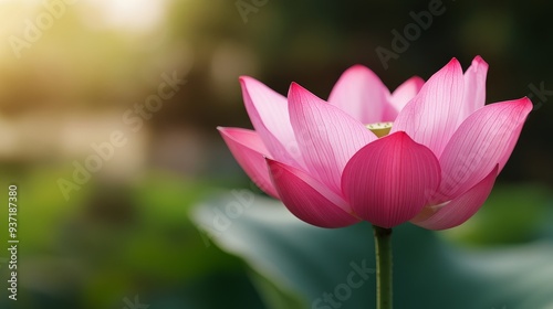 Pink Lotus Flower Blooming in Sunlight - A single pink lotus flower blooms gracefully against a blurred green background, symbolizing purity, enlightenment, rebirth, beauty, and tranquility.