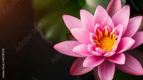 Pink Water Lily Flower Blooming in Sunlight - A single pink water lily flower with yellow center blooms in soft sunlight, showcasing beauty and tranquility. It symbolizes purity, peace, rebirth, enlig photo