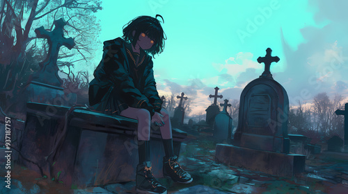 Wallpaper Mural Creepy Halloween Graveyard Scene in Anime Manga Horror Art Style Torontodigital.ca