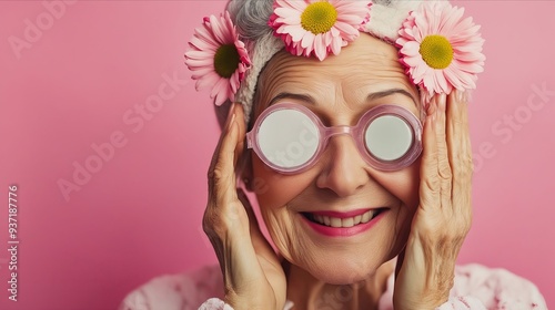 A woman wearing pink sunglasses and a flower crown on her head