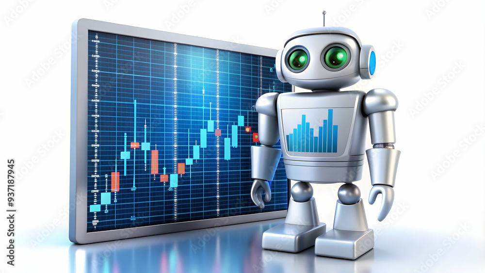 3D Icon as AI trading bot and stock exchange concept as An AI trading bot icon paired with a stock exchange representing the automated trading capabilities of AI in financial markets perfect for isola 3D Icon as AI trading bot and stock exchange concept as An AI trading bot icon paired with a stock exchange representing the automated trading capabilities of AI in financial markets perfect for isola
