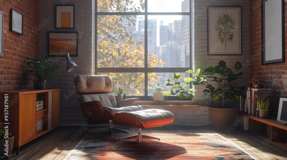 Fototapeta premium Modern Living Room with a City View