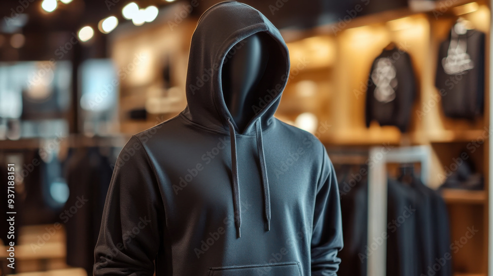 Mock up replica hoodie in stainless steel mannequin standing in luxurious shop.