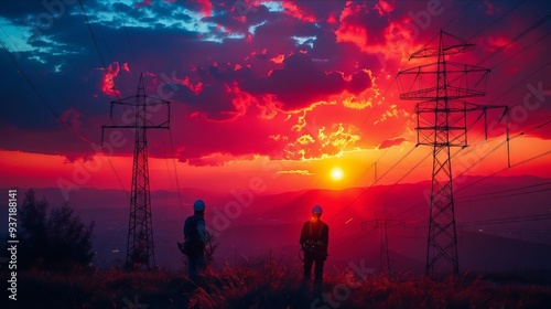 Wallpaper Mural Two people standing in front of a sunset with power lines Torontodigital.ca