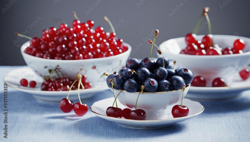 Fresh fruit delight Cherries and blueberries in white bowls Fresh fruit delight Cherries and blueberries in white bowls