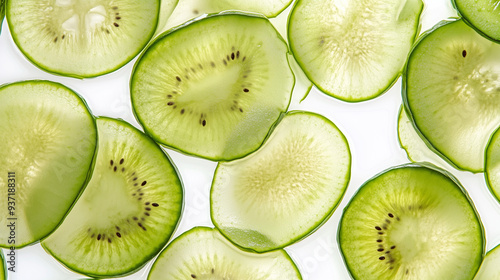 slices of kiwi fruit, thin slices of cucumber and kiwi overlapping on a white background