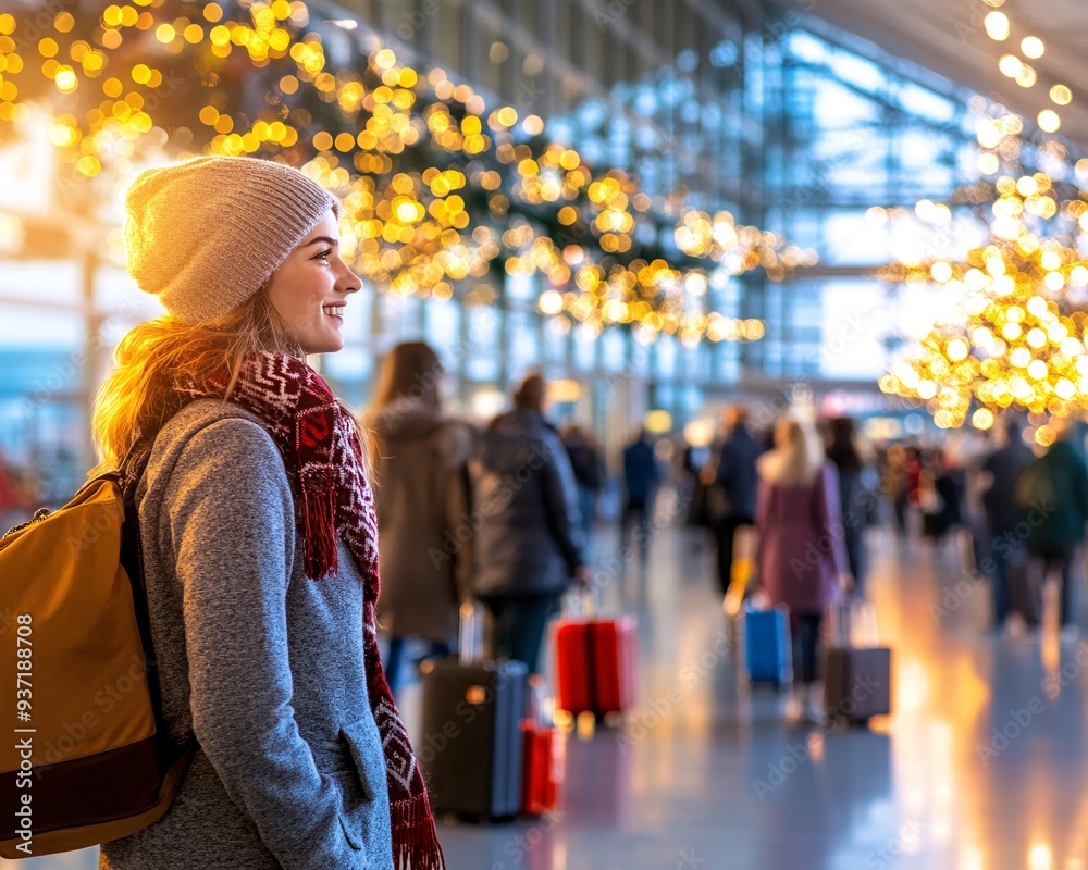 Happy Young Woman Traveling with Backpack in Festive Holiday Airport Happy Young Woman Traveling with Backpack in Festive Holiday Airport