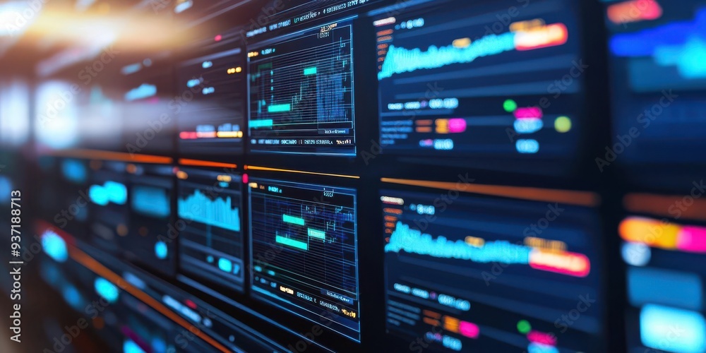 Close-up of digital charts and graphs on screens, showcasing data analysis and visualization in a modern tech environment Close-up of digital charts and graphs on screens, showcasing data analysis and visualization in a modern tech environment
