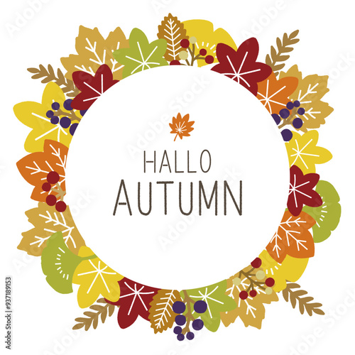 秋の木の葉たっぷりのフラットな円形フレーム
