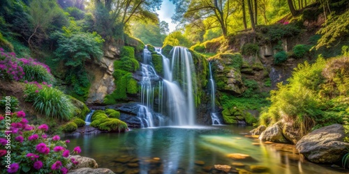 Enchanted Waterfall in a Lush Forest, Waterfall, Landscape, Nature, Tranquility