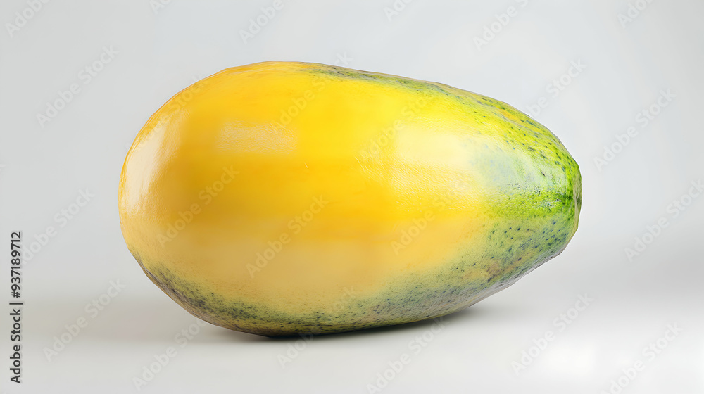 A ripe papaya fruit, yellow and green, with a glossy surface, isolated on a white background. A ripe papaya fruit, yellow and green, with a glossy surface, isolated on a white background.