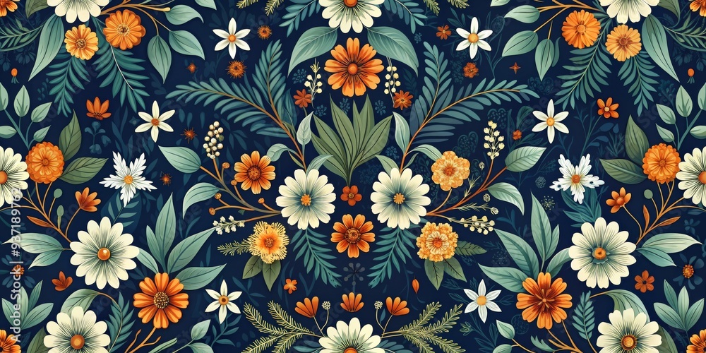 Floral Symphony Vibrant Orange and White Flowers on a Deep Blue Background, Floral Pattern, Botanical Art, Flower Design, Nature Floral Symphony Vibrant Orange and White Flowers on a Deep Blue Background, Floral Pattern, Botanical Art, Flower Design, Nature