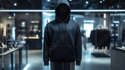 Mock up replica hoodie in stainless steel mannequin standing in luxurious shop.