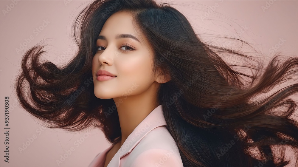 A woman with long brown hair blowing in the wind