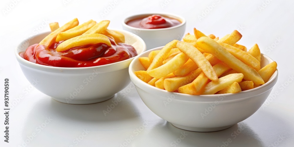 French Fries and Dipping Sauce in White Bowls, fries, ketchup, dipping sauce, fast food French Fries and Dipping Sauce in White Bowls, fries, ketchup, dipping sauce, fast food
