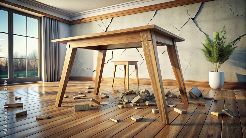 Obraz premium A devastating earthquake strikes, sending objects crashing to the floor as a wooden table remains upright, its legs splintered and wobbly amidst the surrounding destruction.