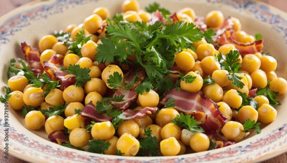Deliciously seasoned chickpeas and bacon ready to be savored Deliciously seasoned chickpeas and bacon ready to be savored