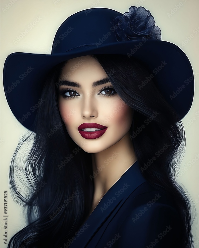 A woman with long black hair wearing a black hat A woman with long black hair wearing a black hat
