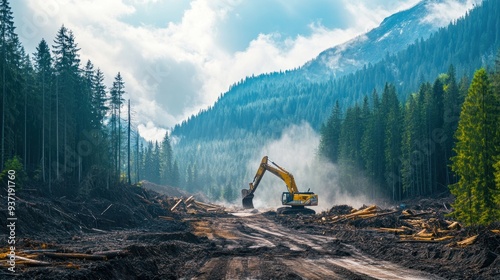 Excavator Clearing Forest in Mountains