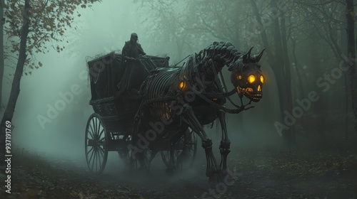 Spectral Carriage: A Journey Through the Mist - A skeletal horse pulls a carriage through a dense, misty forest. The glowing eyes of the horse and the ethereal glow of the carriage evoke a sense of ot photo