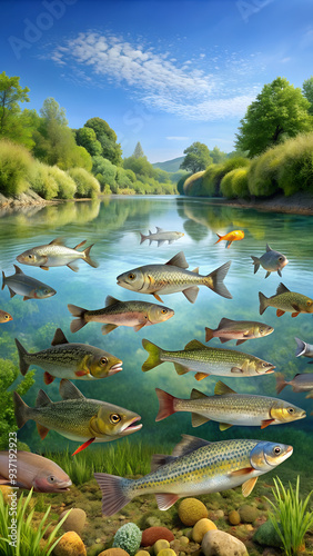 River fishes in natural habitat, fishes in river underwater, flock of small and big fishes, gudgeon, common nase, sneep , sunbleak, chub, shallow water, river current, underwater plants photo