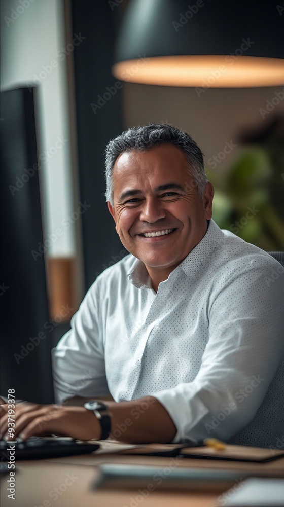 A smiling man sitting at a desk in front of a computer