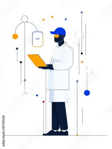 Tech Professional Working on Laptop with Modern Design Elements - A professional, likely a programmer or tech specialist, works on their laptop while surrounded by modern design elements. This image s