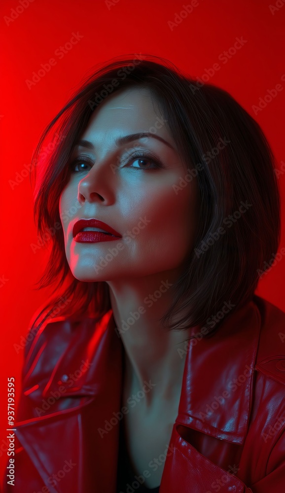 A woman in a red leather jacket looking up at the sky A woman in a red leather jacket looking up at the sky