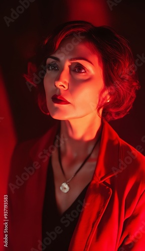 A woman in a red jacket is looking at the camera