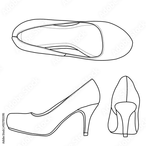 Women's Close Toe Classic High Heels Round Toe, Low Platform, Pairs Pumps Shoes Line art, Technical sketch hand drawing outline vector doodle illustration top, side and rear view isolated on white