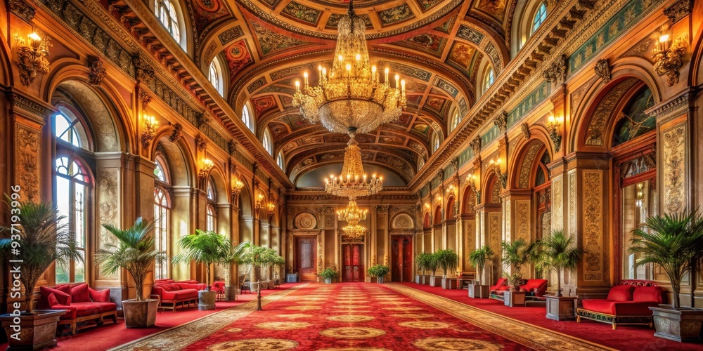 Obraz premium Grand Hallway with Red Carpet and Chandeliers, architecture, interior design, ornate, opulent, hallway