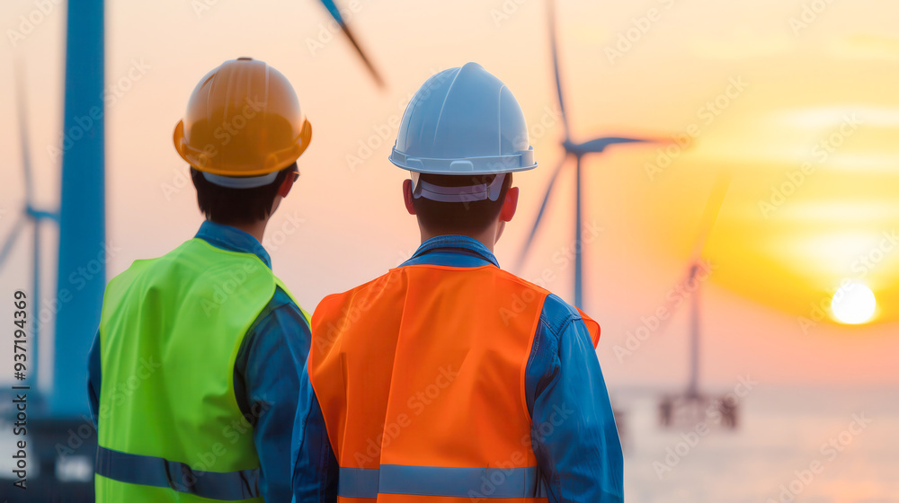 Two engineers observe a sunset behind wind turbines, showcasing renewable energy innovation and teamwork.