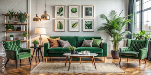 Green Velvet Sofa with Palm Plant in Modern Living Room, interior design, living room, green sofa, palm tree