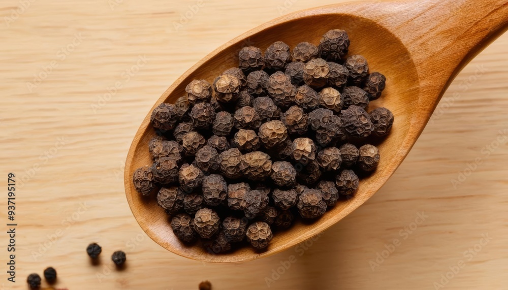 Aromatic black peppercorns in a wooden bowl Aromatic black peppercorns in a wooden bowl