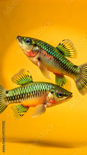 males of gudgeon or bitterling in bright spawning coloration fight for a female to breed in a planted freshwater aquarium, beautiful ornamental species, dark low light biotope concept photo