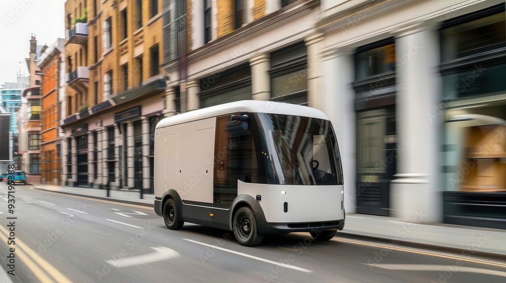 A modern delivery vehicle navigating through an urban street, showcasing innovative design and efficient transportation. A modern delivery vehicle navigating through an urban street, showcasing innovative design and efficient transportation.