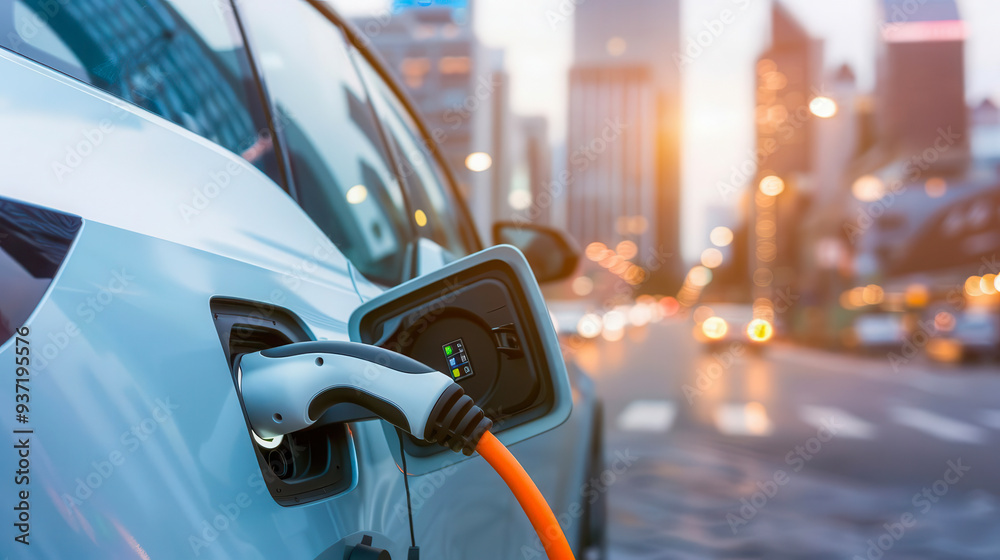 An electric vehicle charging in an urban environment during sunset, showcasing sustainability and modern transportation. An electric vehicle charging in an urban environment during sunset, showcasing sustainability and modern transportation.