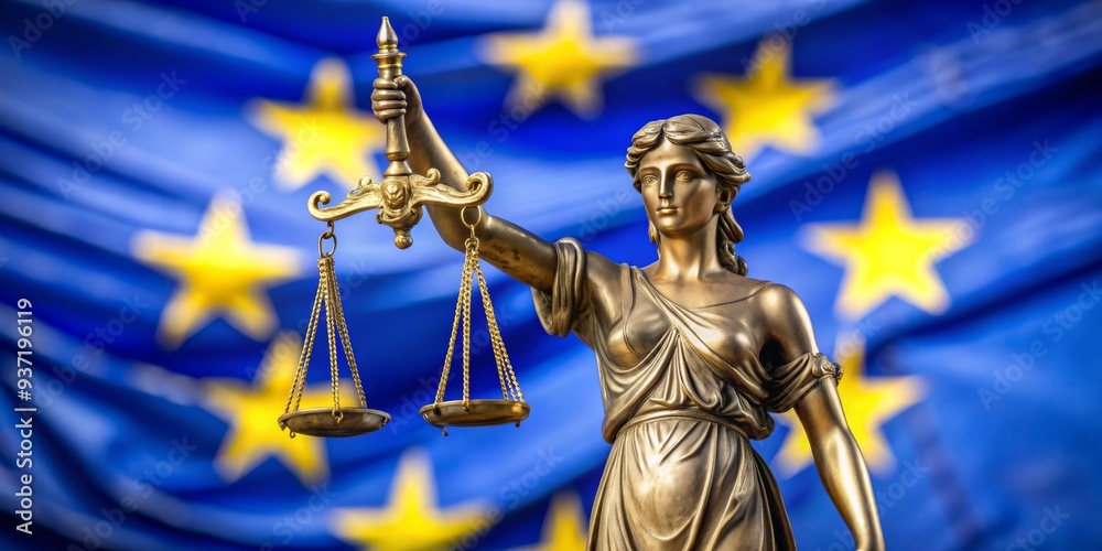 Obraz premium Lady Justice and the EU Flag, Golden Statue, Scales of Justice, European Union Law, Justice, Law, EU