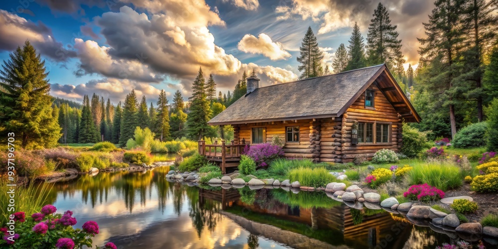 Naklejka premium Log Cabin Reflection in Serene Lake, Water Reflection, Log Cabin, Mountain Lake, Peaceful Nature