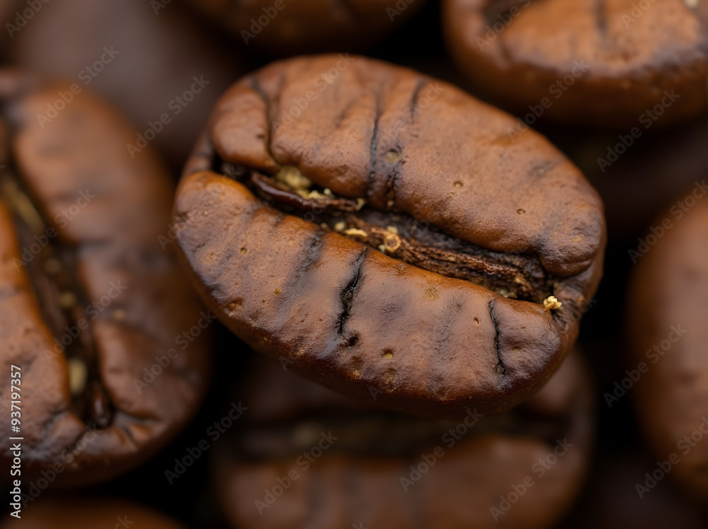 Close-up of coffee beans in a heap, focusing on the textures and rich brown colors, ideal for themes related to coffee culture and culinary arts.
