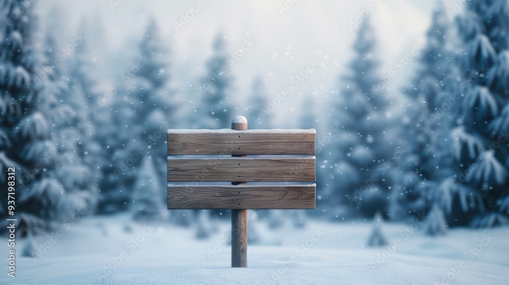 Fototapeta premium Wooden Signboard in Snowy Winter Forest with Snowflakes Falling and Pine Trees in Background