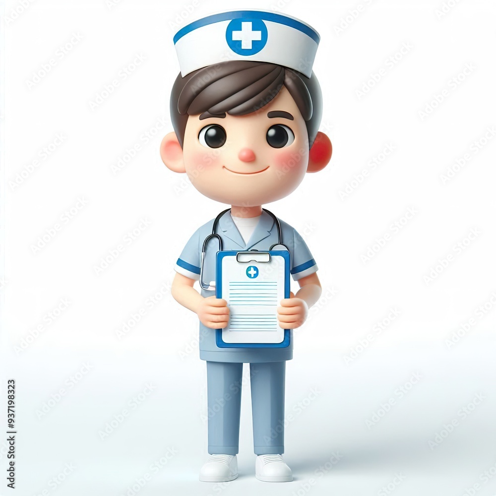 A cartoon nurse holding a clipboard, smiling gently
