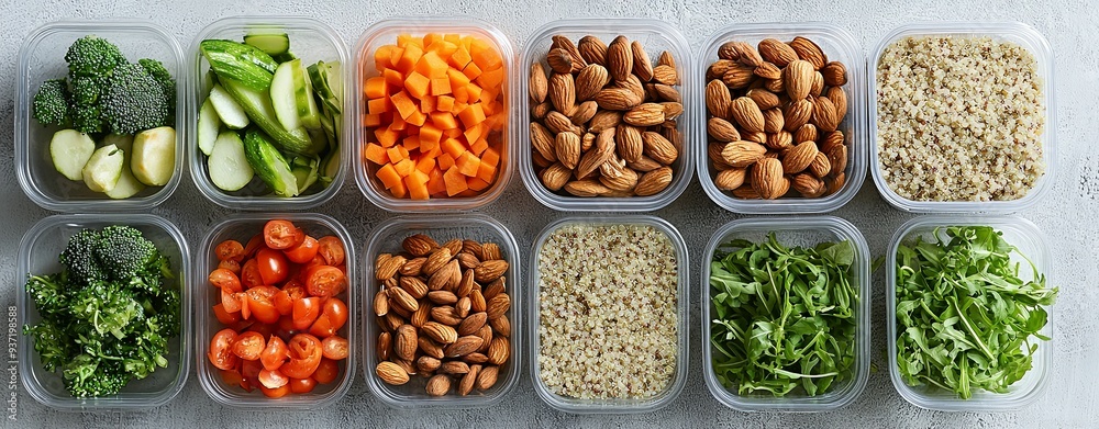 A top view of a meal prep station featuring fresh vegetables, quinoa, and nuts, with reusable containers ready for packing, more clarity with clear light and sharp focus, high detailed A top view of a meal prep station featuring fresh vegetables, quinoa, and nuts, with reusable containers ready for packing, more clarity with clear light and sharp focus, high detailed